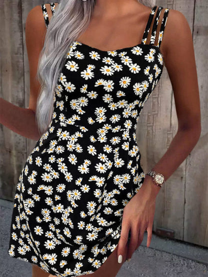 Women Summer Mini Dresses 2023 Vintage Floral Little Daisy Print Boho Beach Dress Sexy Sleeveless Sling A Line Loose Dress