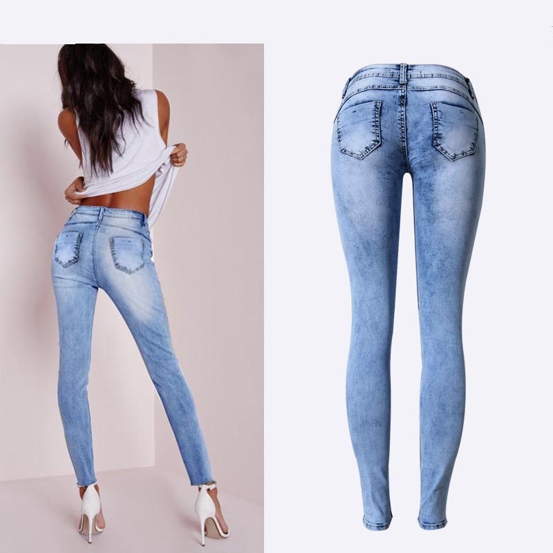 Summer Style Low Waist Sky Blue Patchwork Skinny Tights Women Pencil Jeans High Stretch Sexy Push Up Denim Women Fashion Jeans