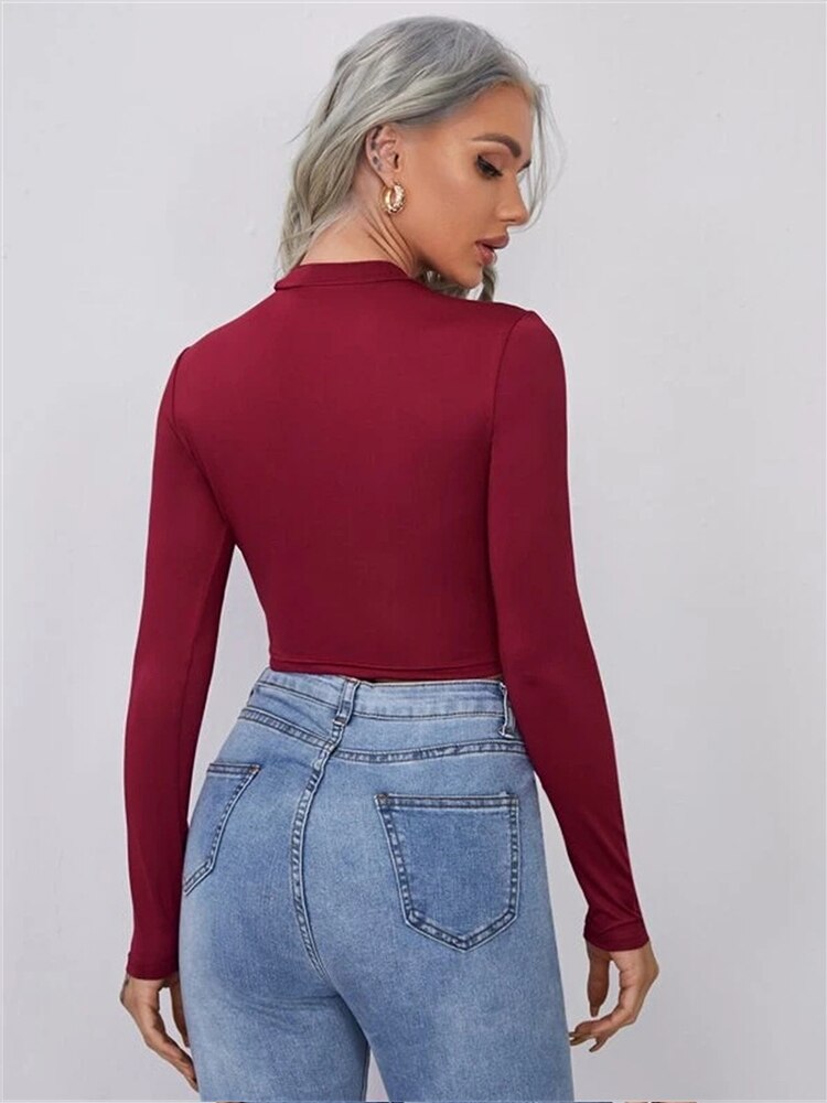 Solid Skinny Basic Women Long Sleeve T-shirt Casual Solid Fashion Warm Crop Tops O-Collar Soft Slim Bare Midriff Tees