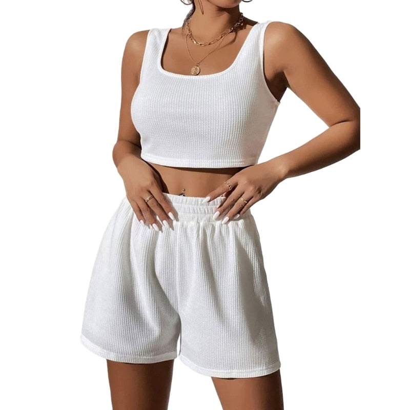 Q0KE Two Piece Outfits For Women Sexy Shorts Set Ribbed  Top And Shorts Set Women Tracksuit Set 2 Piece Lounge Set