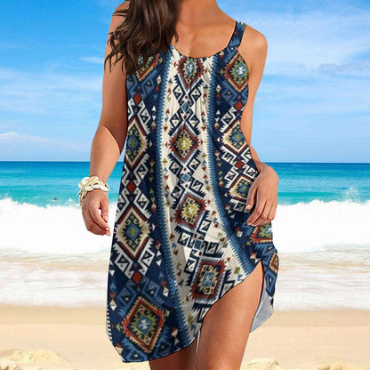 Summer Boho Western Ethnic Printed Sexy Beach Dress Women Sleeveless Dresses Aztec Vintage Beachwear Girls Sling Night Dress