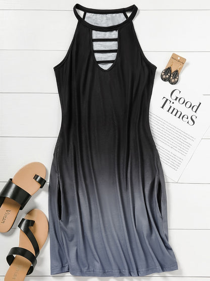 Sexy Deep V Neck Hollow Out Mini Tank Dress Novelty Gradient 2023 Summer Sleeveless Loose T Shirts Dress with Pockets Casual New