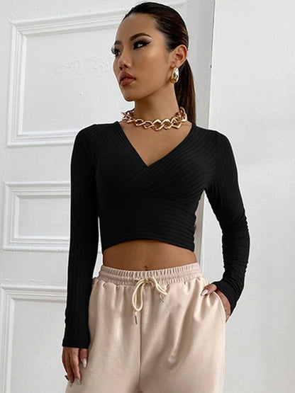 Women Casual Solid Long Sleeve Crop T-shirt Fashion V-Collar Bare Midriff Stretch Tops Ribbed Knitted Elastic Slim Skinny Tees