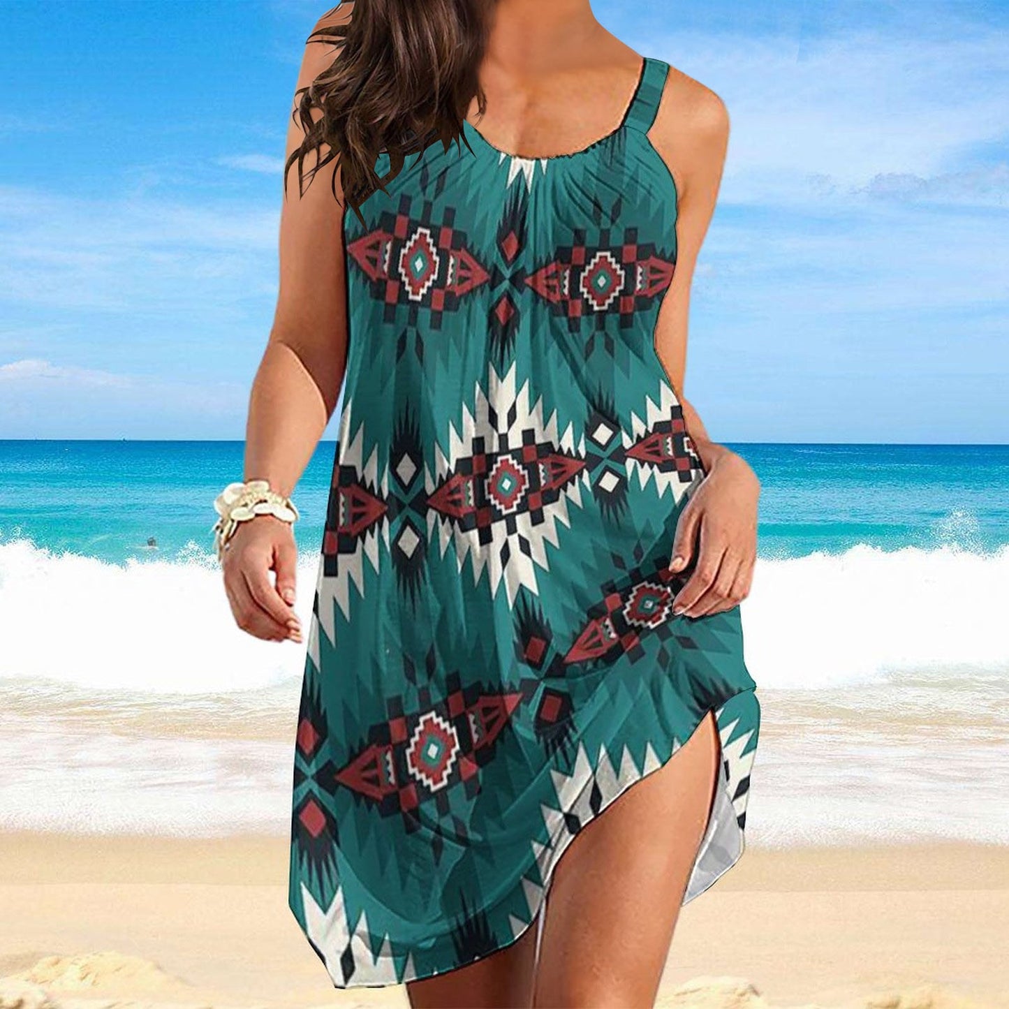 Summer Boho Western Ethnic Printed Sexy Beach Dress Women Sleeveless Dresses Aztec Vintage Beachwear Girls Sling Night Dress