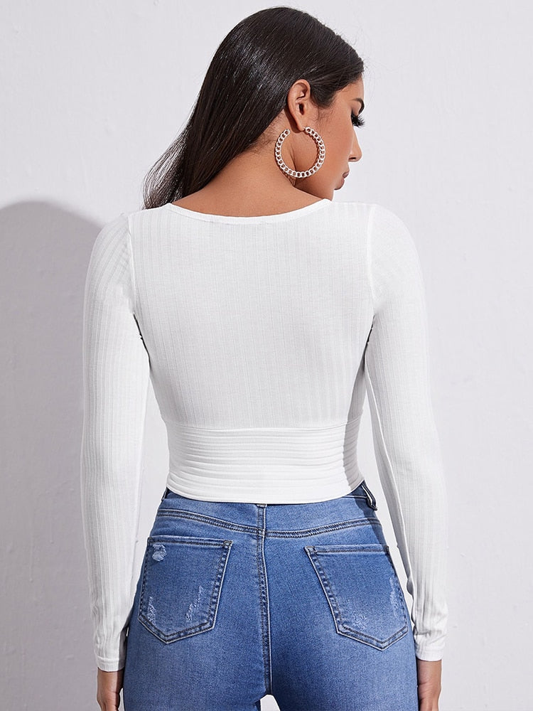 Women Casual Solid Long Sleeve Crop T-shirt Fashion V-Collar Bare Midriff Stretch Tops Ribbed Knitted Elastic Slim Skinny Tees