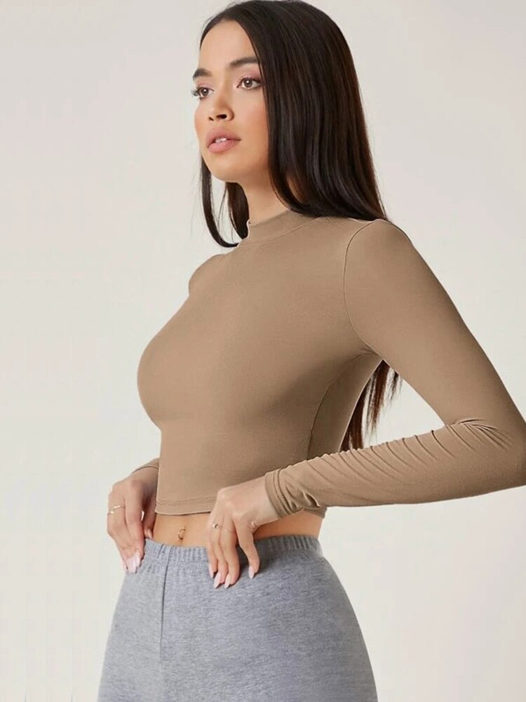 Solid Skinny Basic Women Long Sleeve T-shirt Casual Solid Fashion Warm Crop Tops O-Collar Soft Slim Bare Midriff Tees