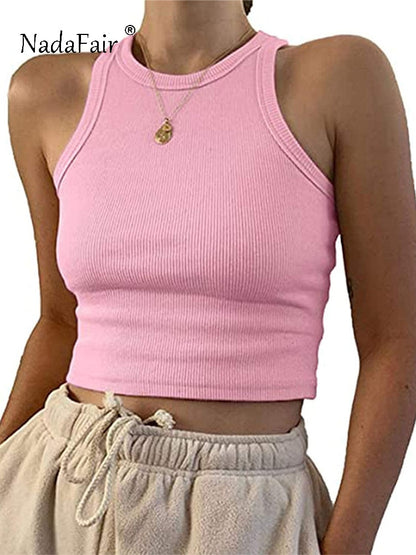 Nadafair Rib Knit Green Women's Tank Top Summer Casual Basic Skinny Vest Sleeveless White Off Shoulder Y2K Sexy Woman Crop Top