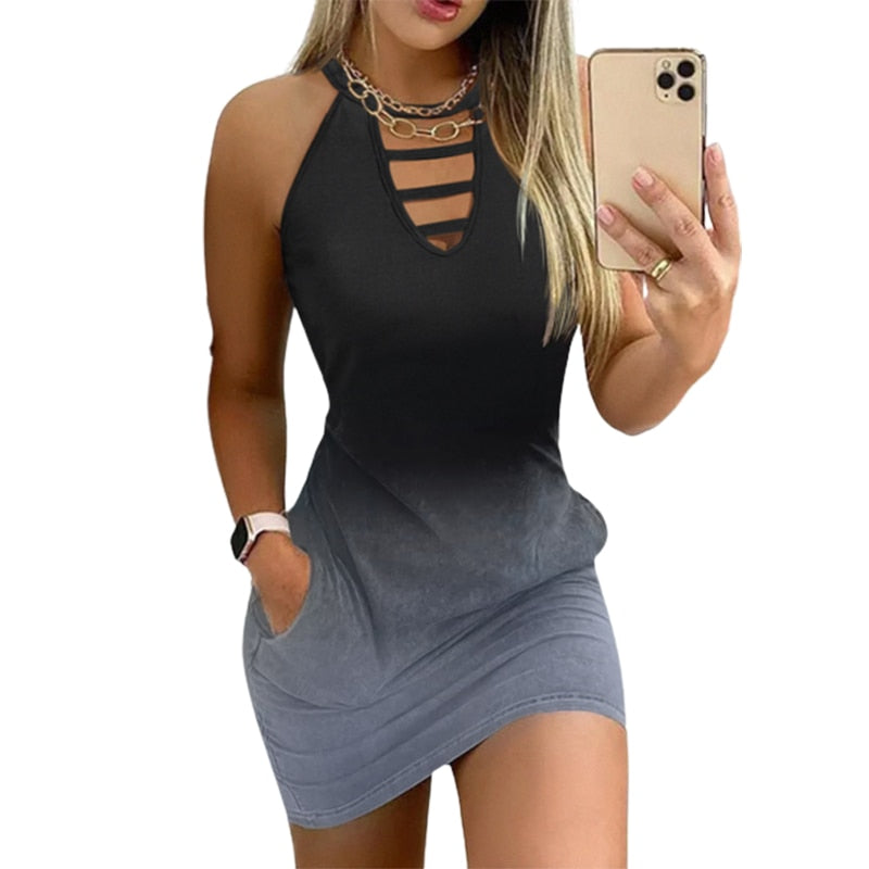 Sexy Deep V Neck Hollow Out Mini Tank Dress Novelty Gradient 2023 Summer Sleeveless Loose T Shirts Dress with Pockets Casual New