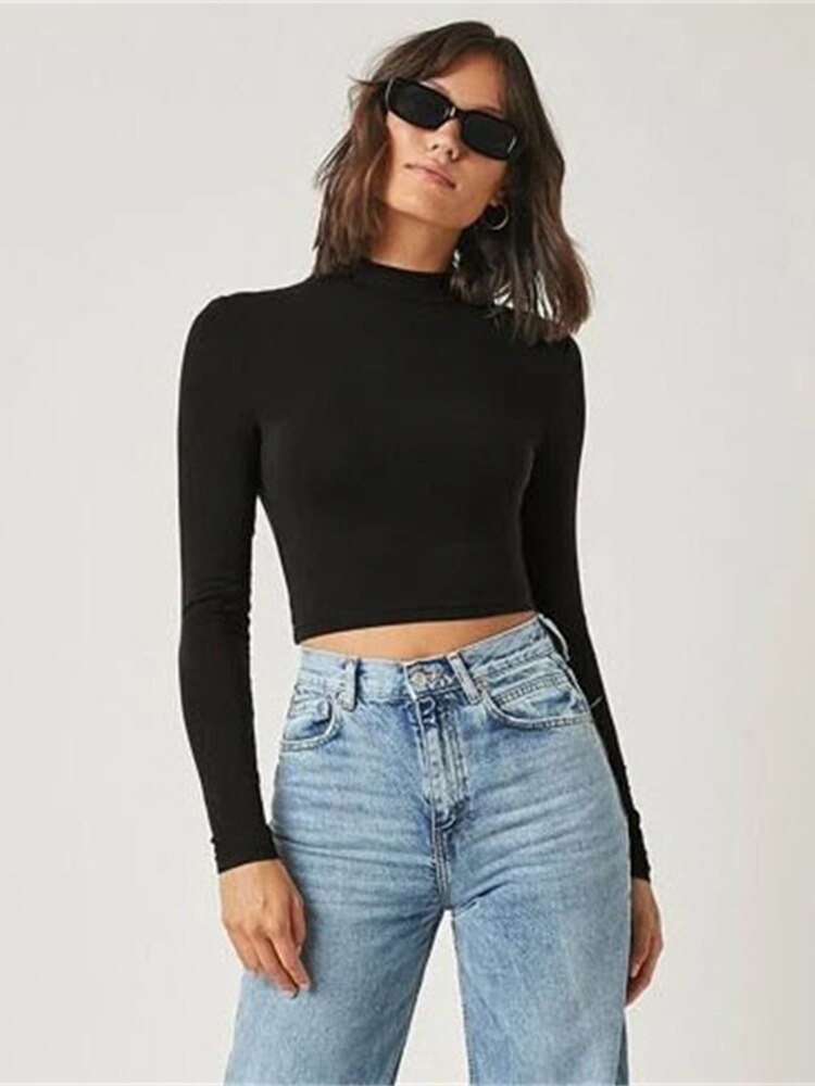 Solid Skinny Basic Women Long Sleeve T-shirt Casual Solid Fashion Warm Crop Tops O-Collar Soft Slim Bare Midriff Tees