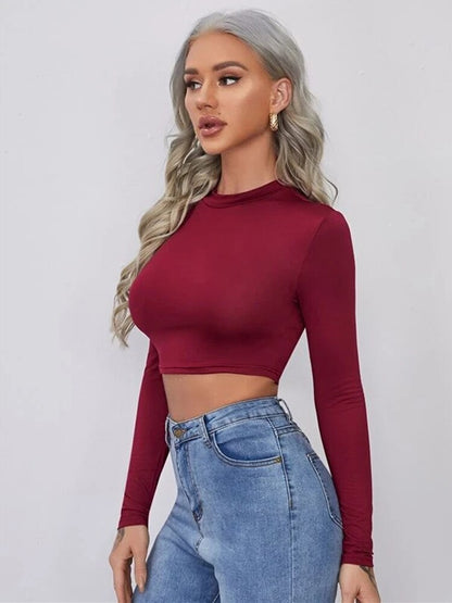 Solid Skinny Basic Women Long Sleeve T-shirt Casual Solid Fashion Warm Crop Tops O-Collar Soft Slim Bare Midriff Tees