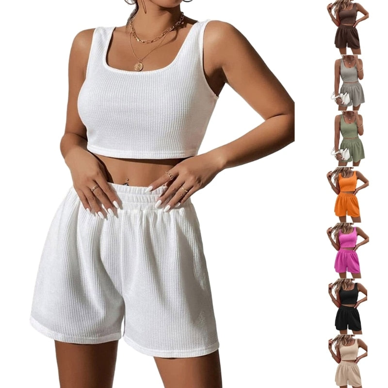 Q0KE Two Piece Outfits For Women Sexy Shorts Set Ribbed  Top And Shorts Set Women Tracksuit Set 2 Piece Lounge Set