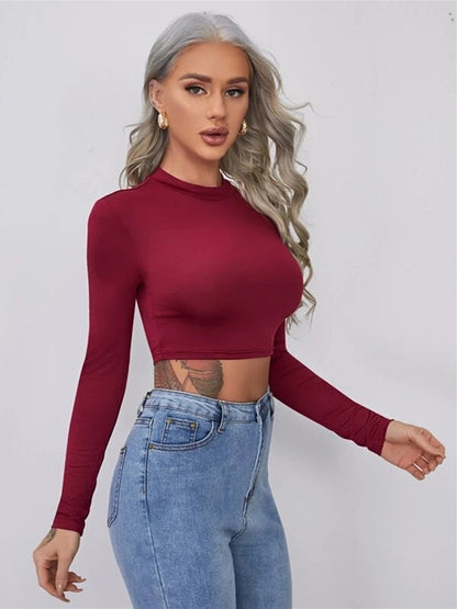 Solid Skinny Basic Women Long Sleeve T-shirt Casual Solid Fashion Warm Crop Tops O-Collar Soft Slim Bare Midriff Tees